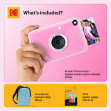 KODAK Printomatic+ Instant Print Digital Camera Starter Bundle + Carrying Case  (Blue) + Zink 20pk Sticky-Back Photo Paper - 10MP, Full-Color Photos, GB LED Status Indicator - Pink