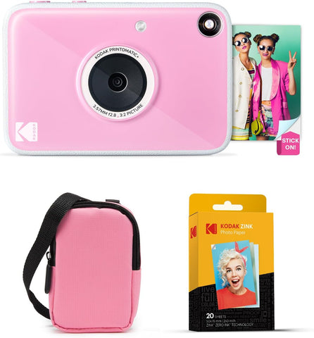 KODAK Printomatic+ Instant Print Digital Camera Starter Bundle + Carrying Case  (Pink) + Zink 20pk Sticky-Back Photo Paper - 10MP, Full-Color Photos, GB LED Status Indicator - Pink