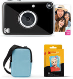 KODAK Printomatic+ Instant Print Digital Camera Starter Bundle + Carrying Case (Blue) + Zink 20pk Sticky-Back Photo Paper - 10MP, Full-Color Photos, GB LED Status Indicator - Black