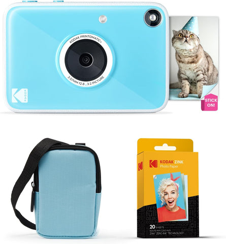 KODAK Printomatic+ Instant Print Digital Camera Starter Bundle + Carrying Case (Blue) + Zink 20pk Sticky-Back Photo Paper - 10MP, Full-Color Photos, GB LED Status Indicator - Blue