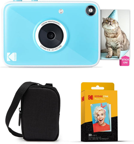 KODAK Printomatic+ Instant Print Digital Camera Starter Bundle + Carrying Case + Zink 20pk Sticky-Back Photo Paper - 10MP, Full-Color Photos, GB LED Status Indicator - Blue