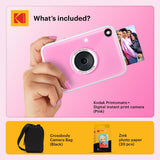 KODAK Printomatic+ Instant Print Digital Camera Starter Bundle + Carrying Case + Zink 20pk Sticky-Back Photo Paper - 10MP, Full-Color Photos, GB LED Status Indicator - Pink