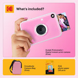 KODAK Printomatic+ Instant Print Digital Camera Starter Bundle + Carrying Case  (Pink) + Zink 20pk Sticky-Back Photo Paper - 10MP, Full-Color Photos, GB LED Status Indicator - Pink