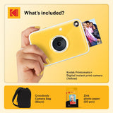 KODAK Printomatic+ Instant Print Digital Camera Starter Bundle + Carrying Case + Zink 20pk Sticky-Back Photo Paper - 10MP, Full-Color Photos, GB LED Status Indicator - Yellow