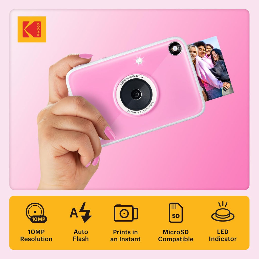 KODAK Printomatic+ Instant Print Camera (Pink) 10MP, RGB LED, Zink Ph ...